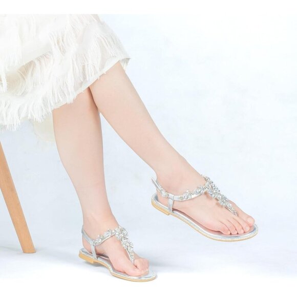 SheSole Womens Sparkly Flat Sandals Open Toe T-Strap Dressy Bridal Wedding Shoes - Picture 6 of 9